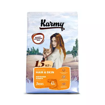 Сухой корм для кошек Karmy с лососем для поддержания здоровья кожи и шерсти 1,5 кг