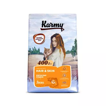Сухой корм для кошек Karmy с лососем для поддержания здоровья кожи и шерсти 0,4 кг