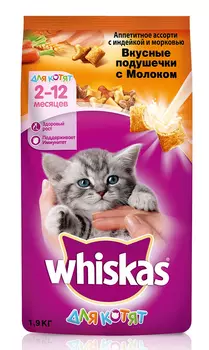 Сухой корм для котят Whiskas подушечки с молоком индейка/морковь 1,9 кг