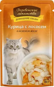 Влажный корм для кошек Деревенские Лакомства Курица с лососем в нежном желе 0,07 кг