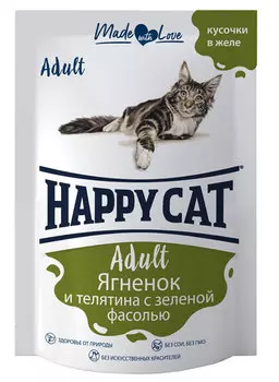 Влажный корм для кошек Happy Cat нежные кусочки в желе пауч, ягненок и телятина 0,1 кг