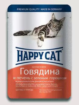 Влажный корм для кошек Happy Cat нежные кусочки в желе пауч с говядиной и печенью с горошком 0,1 кг