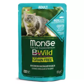 Влажный корм для кошек Monge Bwild Grain free из трески с креветками и овощами пауч 0,085 кг