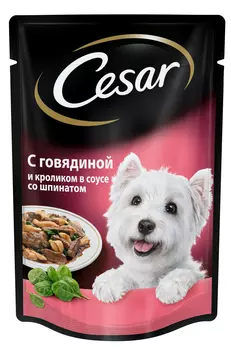 Влажный корм для собак Cesar говядина с кроликом в соусе со шпинатом пауч 28шт 0,1 кг