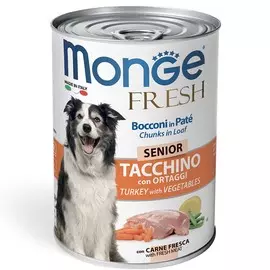 Влажный корм для собак Monge Fresh Chunks in Loaf консервы для пожилых собак мясной рулет индейка с овощами 0,4 кг