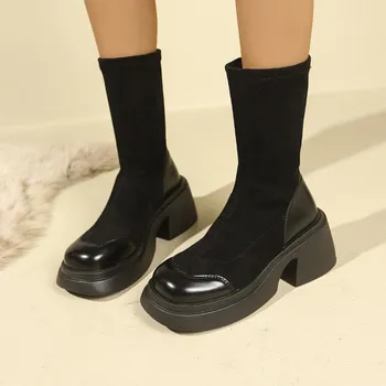 Fashion 2024 High Quality Women s Shoes Mid-Calf Women s Boots Fashion Round Toe Modern Boots Women Winter Plus Velvet Shoes for Women 35