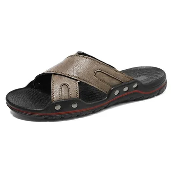 Мужская летняя пляжная обувь для ходьбы, кожаная модная обувь, мужские шлепанцы, классические мужские роскошные тапочки, универсальные уличные пантуфли 38 серый