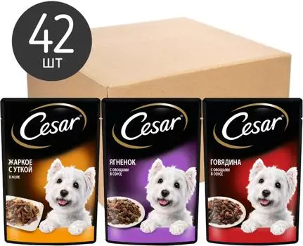 Набор влажных кормов для собак Cesar Три вкуса желе 14шт*85г и ломтики в соусе 28шт*85г (упаковка 18 шт.)
