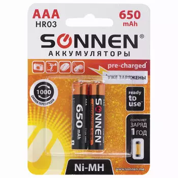 Аккумулятор SONNEN HR03, AAA, 1.2V 650mAh, 2шт. (454236)
