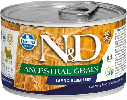 Farmina N&amp;D Dog Ancestral Grain Adult Mini консервы для собак мелких пород (Ягненок и черника, 140 г.)