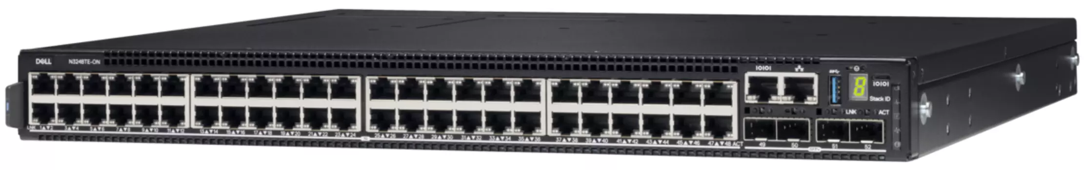 Коммутатор Dell N3248TE-ON, управляемый, кол-во портов: 48x1 Гбит/с SFP+ 4x10, кол-во SFP/uplink: QSFP28 2x100 Гбит/с, установка в стойку (210-AWZM-276458)
