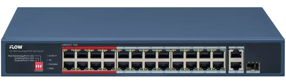 Коммутатор F-SW-EU426POE-V/L, кол-во портов: 24x100 Мбит/с combo RJ-45/SFP 1x1 Гбит/с, кол-во SFP/uplink: RJ-45 1x1 Гбит/с, PoE: 24x30 Вт (макс. 230 Вт) (F-SW-EU426POE-V/L)
