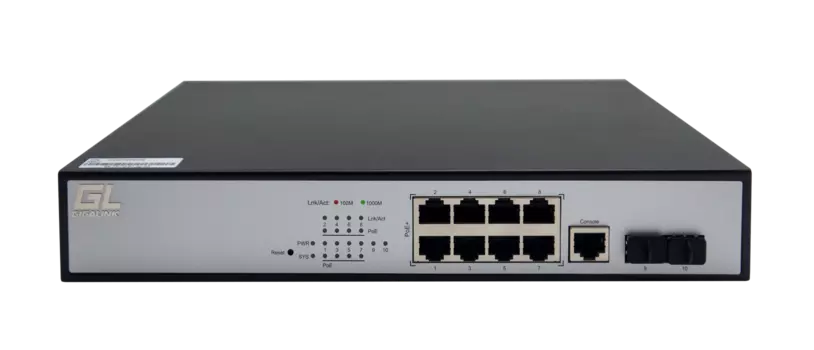 Коммутатор Nikomax (Gigalink) GL-SW-G204-10P, управляемый, кол-во портов: 8x1 Гбит/с, SFP 2x1 Гбит/с, установка в стойку, PoE: 8x30Вт (макс. 150Вт) (GL-SW-G204-10P)