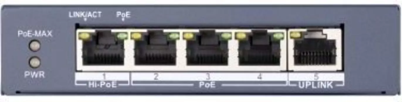 Коммутатор Hikvision DS-3E0505HP-E, кол-во портов: 5x1 Гбит/с, PoE: 4x60Вт (макс. 60Вт) (DS-3E0505HP-E)