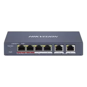Коммутатор Hikvision DS-3E1106HP-EI, кол-во портов: 4x100 Мбит/с, кол-во SFP/uplink: RJ-45 2x100 Мбит/с, PoE: 4x30 Вт (макс. 60 Вт) (DS-3E1106HP-EI)