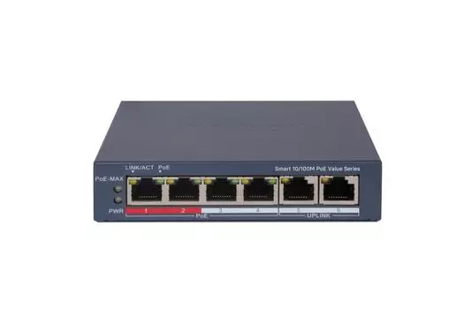 Коммутатор Hikvision DS-3E1106P-EI/M, управляемый, кол-во портов: 4x100 Мбит/с, кол-во SFP/uplink: RJ-45 2x100 Мбит/с, PoE: 4x30 Вт (макс. 45 Вт) (DS-3E1106P-EI/M)