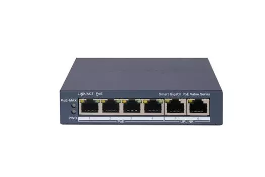 Коммутатор Hikvision DS-3E1506P-EI/M, управляемый, кол-во портов: 4x1 Гбит/с, кол-во SFP/uplink: RJ-45 2x1 Гбит/с, PoE: 4x30 Вт (макс. 45 Вт) (DS-3E1506P-EI/M)