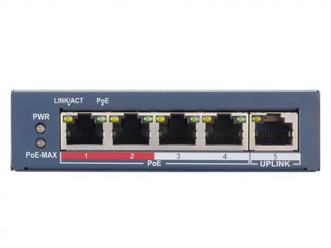Коммутатор HiWatch DS-S504GP, кол-во портов: 4x1 Гбит/с, кол-во SFP/uplink: RJ-45 1x1 Гбит/с, PoE: 4x30Вт (макс. 35Вт) (DS-S504GP)