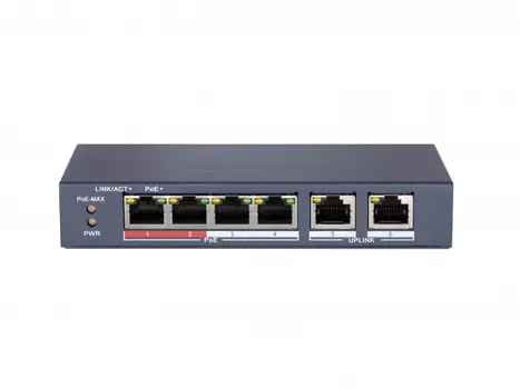 Коммутатор HiWatch DS-S604P, кол-во портов: 6x100 Мбит/с, PoE: 4x30Вт (макс. 35Вт) (DS-S604P)