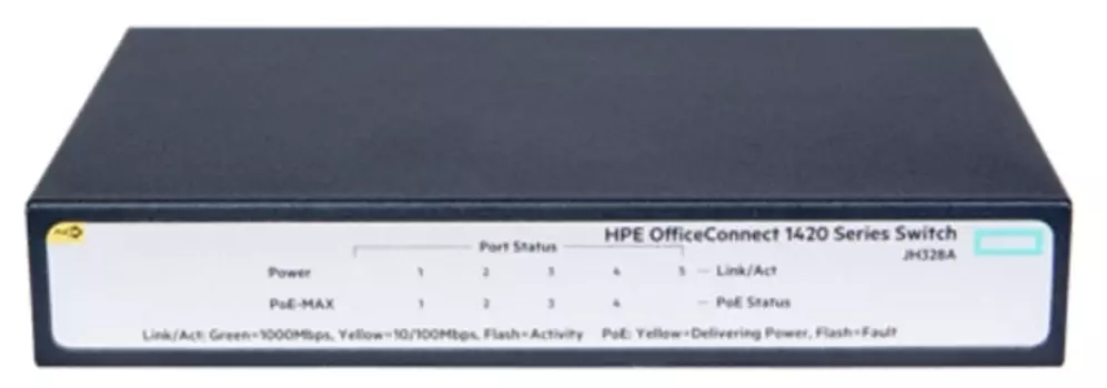 Коммутатор HPE 1420 5G PoE+ Switch Unmanaged, 5*10/100/1000 Poe+ 32W, QoS, Fanless (JH328A)