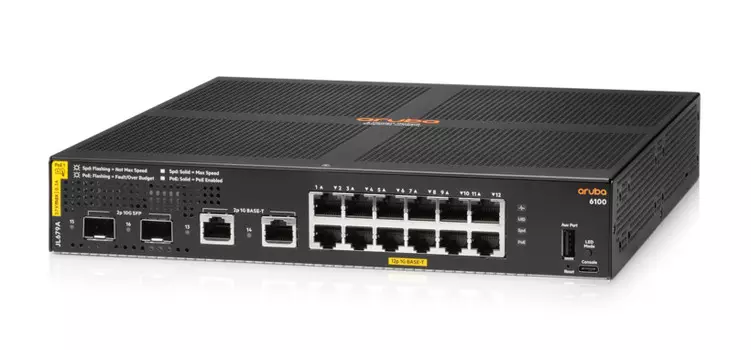 Коммутатор HPE Aruba 6100 , управляемый, кол-во портов: 12x1 Гбит/с, SFP+ 2x10 Гбит/с, PoE: 12x30Вт (макс. 139Вт) (JL679A#ABB)