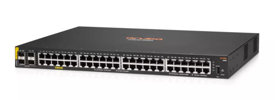 Коммутатор HPE Aruba 6100, управляемый, кол-во портов: 48x1000 SFP+ 4x10 Гбит/с, установка в стойку, PoE: 48x30 Вт (макс. 370 Вт) (JL675A)