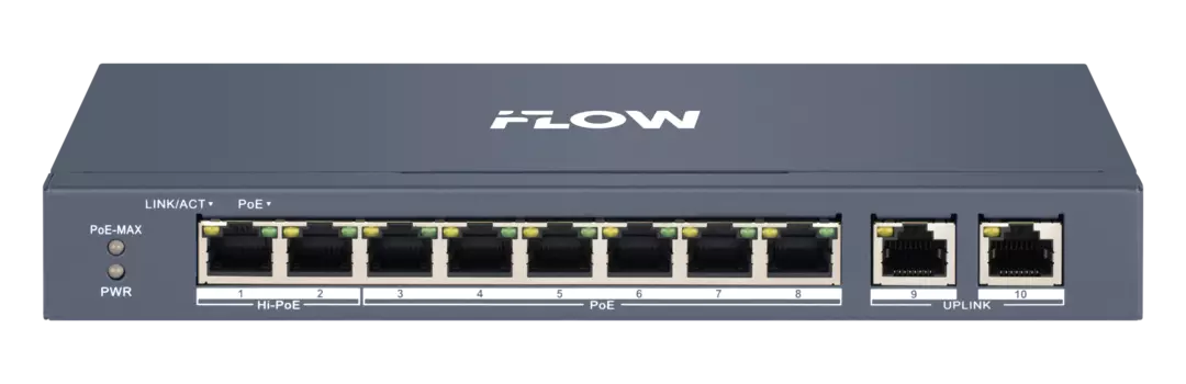 Коммутатор iFlow F-SW-EM410HPOE-VM, управляемый, кол-во портов: 8x100 Мбит/с, кол-во SFP/uplink: RJ-45 2x1 Гбит/с, PoE: 8x90 Вт (макс. 110 Вт) (F-SW-EM410HPOE-VM)