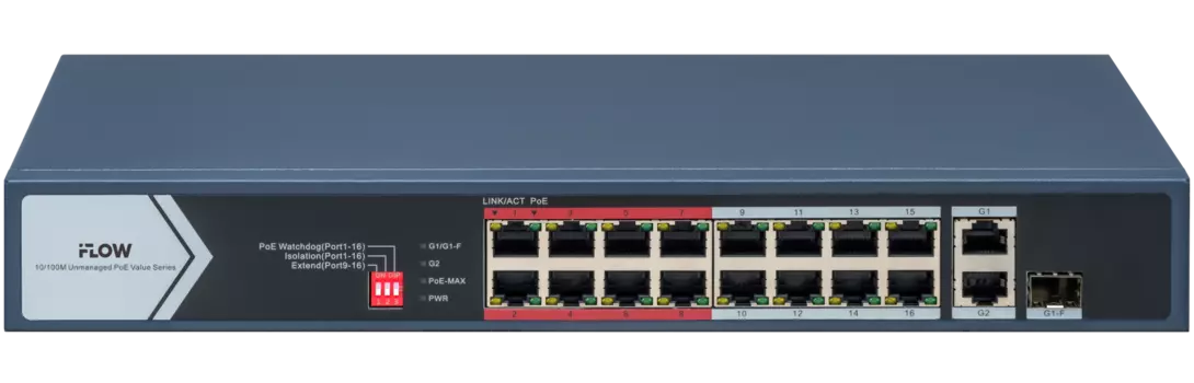 Коммутатор iFlow F-SW-EU418POE-V/L, кол-во портов: 16x100 Мбит/с, combo RJ-45/SFP 1x1 Гбит/с, кол-во SFP/uplink: RJ-45 1x1 Гбит/с, PoE: 16x30 Вт (макс. 130 Вт) (301803328)