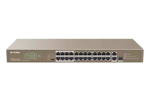 Коммутатор IP-COM, кол-во портов: 24x100 Мбит/с, кол-во SFP/uplink: combo RJ-45/SFP 2x1 Гбит/с, установка в стойку, PoE: 24x30Вт (макс. 370Вт) (F1126P-24-410W)