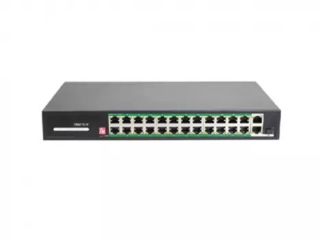 Коммутатор Just JT-H1024WD, кол-во портов: 24x100 Мбит/с, кол-во SFP/uplink: combo RJ-45/SFP 2x1 Гбит/с, установка в стойку, PoE: 24x30Вт (макс. 250Вт)