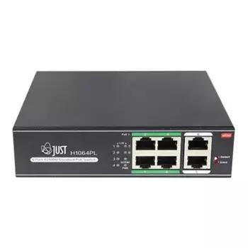 Коммутатор Just JT-H1064WD, кол-во портов: 4x100 Мбит/с, кол-во SFP/uplink: RJ-45 2x100 Мбит/с, PoE: 4x30Вт (макс. 60Вт)