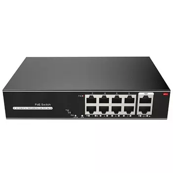 Коммутатор Just JT-H1108PGL, кол-во портов: 8x100 Мбит/с, кол-во SFP/uplink: RJ-45 2x1 Гбит/с, PoE: 8x30Вт (макс. 120Вт)