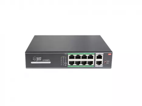 Коммутатор Just JT-H1108WD, кол-во портов: 8x100 Мбит/с, кол-во SFP/uplink: RJ-45 2x100 Мбит/с, PoE: 8x30Вт (макс. 120Вт)