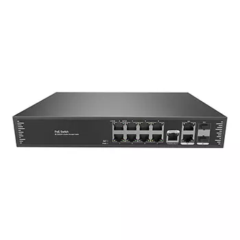Коммутатор Just JT-POE31108PFM, управляемый, кол-во портов: 8x100 Мбит/с, кол-во SFP/uplink: combo RJ-45/SFP 2x1 Гбит/с, установка в стойку, PoE: 8x30Вт (макс. 130Вт)