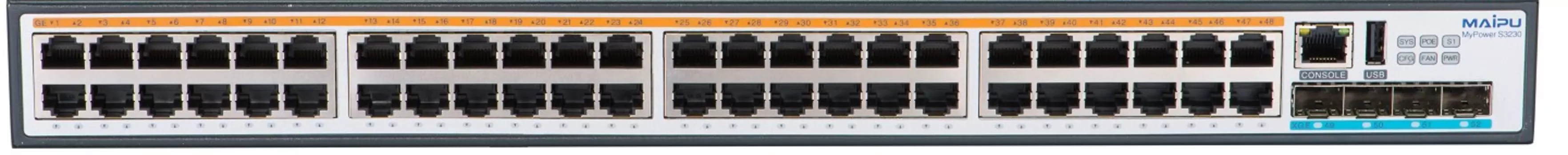 Коммутатор Maipu S3230-54TXF-AC, управляемый, кол-во портов: 48x1 Гбит/с, кол-во SFP/uplink: SFP+ 6x10 Гбит/с, установка в стойку (22200704)