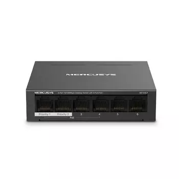 Коммутатор Mercusys MS106LP, кол-во портов: 4x100 Мбит/с, кол-во SFP/uplink: RJ-45 2x100 Мбит/с, PoE: 4x30 Вт (макс. 40 Вт)