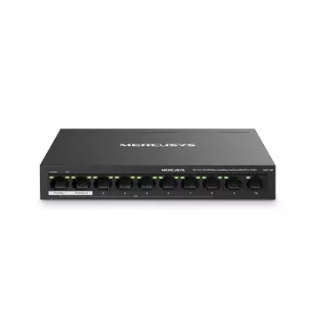 Коммутатор Mercusys MS110P, кол-во портов: 8x100 Мбит/с, кол-во SFP/uplink: RJ-45 2x100 Мбит/с, PoE: 8x30 Вт (макс. 65 Вт)