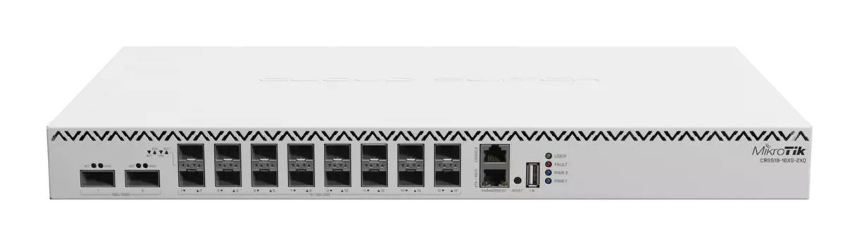 Коммутатор MikroTik Cloud Router Switch CRS518-16XS-2XQ, управляемый, кол-во портов: 1x100 Мбит/с, SFP28 16x25 Гбит/с, кол-во SFP/uplink: QSFP28 2x100 Гбит/с, установка в стойку (CRS518-16XS-2XQ-RM)