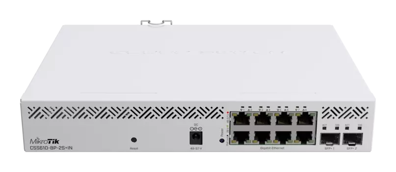 Коммутатор MikroTik Cloud Smart Switch CSS610-8P-2S+IN, управляемый, кол-во портов: 8x1 Гбит/с, кол-во SFP/uplink: SFP+ 2x10 Гбит/с, установка в стойку, PoE: 8x30Вт (макс. 140Вт) (CSS610-8P-2S+IN)