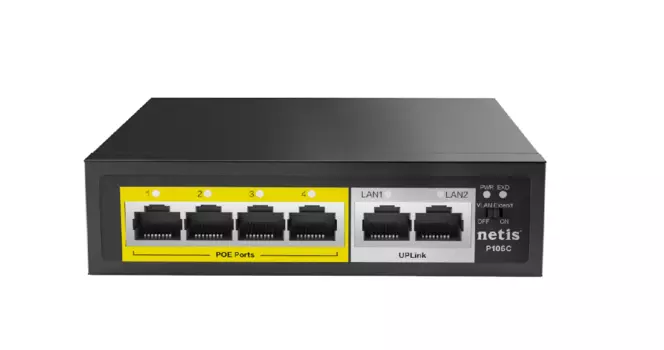 Коммутатор Netis P106C, кол-во портов: 4x100 Мбит/с, кол-во SFP/uplink: RJ-45 2x100 Мбит/с, PoE: 4x30Вт (макс. 58Вт) (P106C)