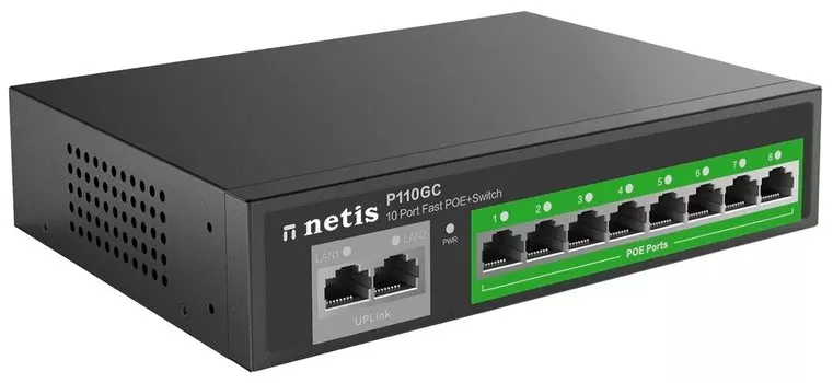 Коммутатор Netis P110GC, кол-во портов: 8x10/100/1000 Мбит/с, кол-во SFP/uplink: RJ-45 2x1 Гбит/с, PoE: 8x30Вт (макс. 100Вт) (P110GC)