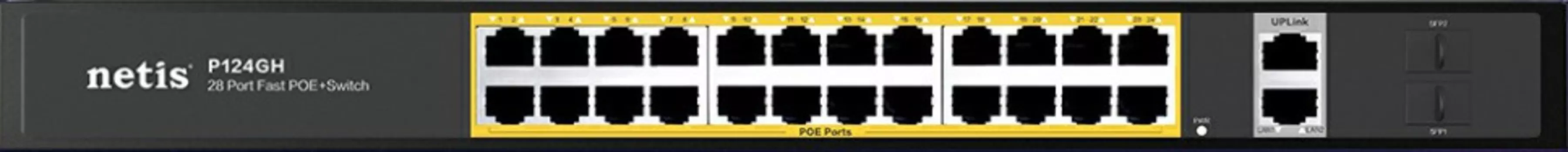 Коммутатор Netis P124GH, кол-во портов: 24x100 Мбит/с, кол-во SFP/uplink: combo RJ-45/SFP 4x1 Гбит/с, установка в стойку, PoE: 24x30 Вт (макс. 320 Вт)