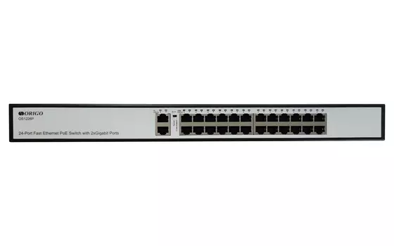 Коммутатор ORIGO OS1226P, кол-во портов: 24x100 Мбит/с, кол-во SFP/uplink: RJ-45 2x1 Гбит/с, установка в стойку, PoE: 24x30Вт (макс. 285Вт) (OS1226P/A1A)