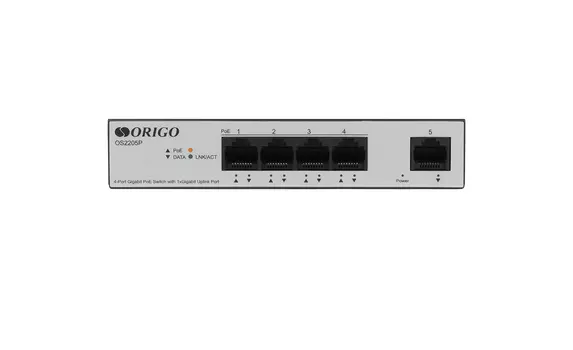 Коммутатор ORIGO OS2205P/60W, кол-во портов: 4x1 Гбит/с, кол-во SFP/uplink: RJ-45 1x1 Гбит/с, PoE: 4x30 Вт (макс. 60 Вт) (OS2205P/60W/A1A)