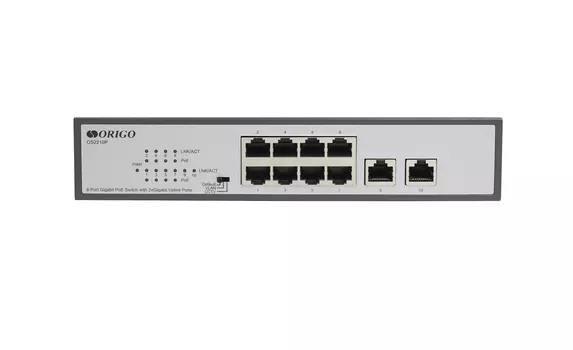 Коммутатор ORIGO OS2210P/120W, кол-во портов: 8x1 Гбит/с, кол-во SFP/uplink: RJ-45 2x1 Гбит/с, установка в стойку, PoE: 8x30 Вт (макс. 120 Вт) (OS2210P/120W/A1A)