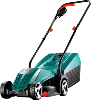 Колесная газонокосилка BOSCH Rotak 32, электрическая, 1200Вт, ширина скашивания 32см, высота скашивания 20мм-60мм, объем травосборника 31 л, 6.8кг (0600885B00)