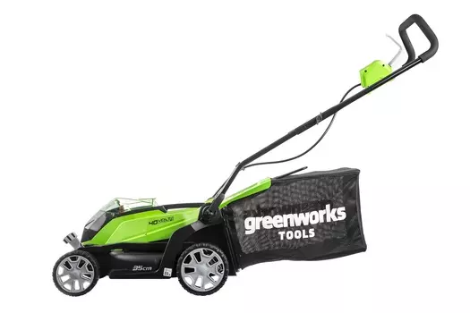 Колесная газонокосилка Greenworks G40LM35, электрическая, аккумуляторная, Li-Ion, 2 А·ч, 40В, ширина скашивания 35см, высота скашивания 32мм-85мм, объем травосборника 40л., 14.5кг, аккумулятор и зарядное устройство в комплект не входят (2501907)