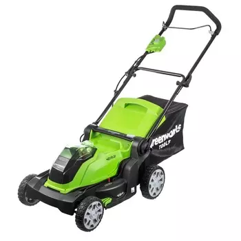 Колесная газонокосилка Greenworks G40LM41, электрическая, аккумуляторная, Li-Ion, 40В, ширина скашивания 40см, высота скашивания 20мм-70мм, 96 дБ, объем травосборника 50л., 17.1кг, аккумулятор и зарядное устройство в комплект не входят (2504707)