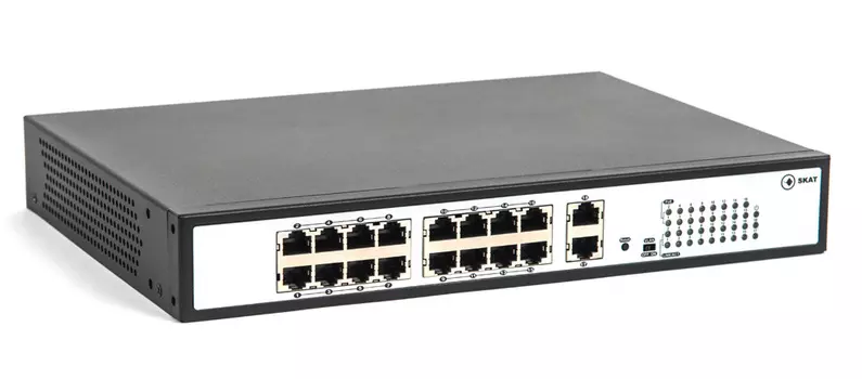 Коммутатор Бастион SKAT PoE-16E-2G, кол-во портов: 16x100 Мбит/с, кол-во SFP/uplink: RJ-45 2x1 Гбит/с, PoE: 16x30Вт (макс. 250Вт) (SKAT PoE-16E-2G)