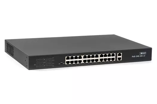 Коммутатор Бастион SKAT POE-24E-2G V.2, кол-во портов: 24x100 Мбит/с, кол-во SFP/uplink: RJ-45 2x1 Гбит/с, установка в стойку, PoE: 24x60 Вт (макс. 300 Вт) (4077)